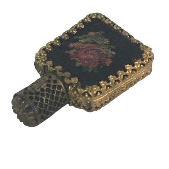 Vtg Austrian Glass Perfume Bottle Petit Point Floral Rose Brass Filigree Ormolu - Picture 4 of 13